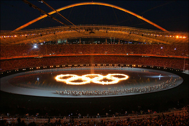 The main Olympic stadium during the Athens 2004 Olympic Games opening ceremony, a spectacle drawn heavily on ancient Greek mythology, August 13, 2004.